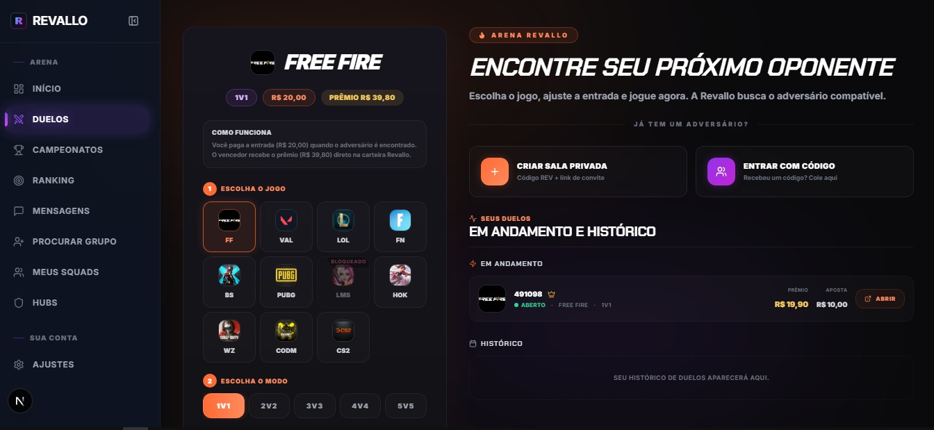 Tela de busca de duelos na Revallo mostrando jogos, modalidades e faixas de premiação disponíveis