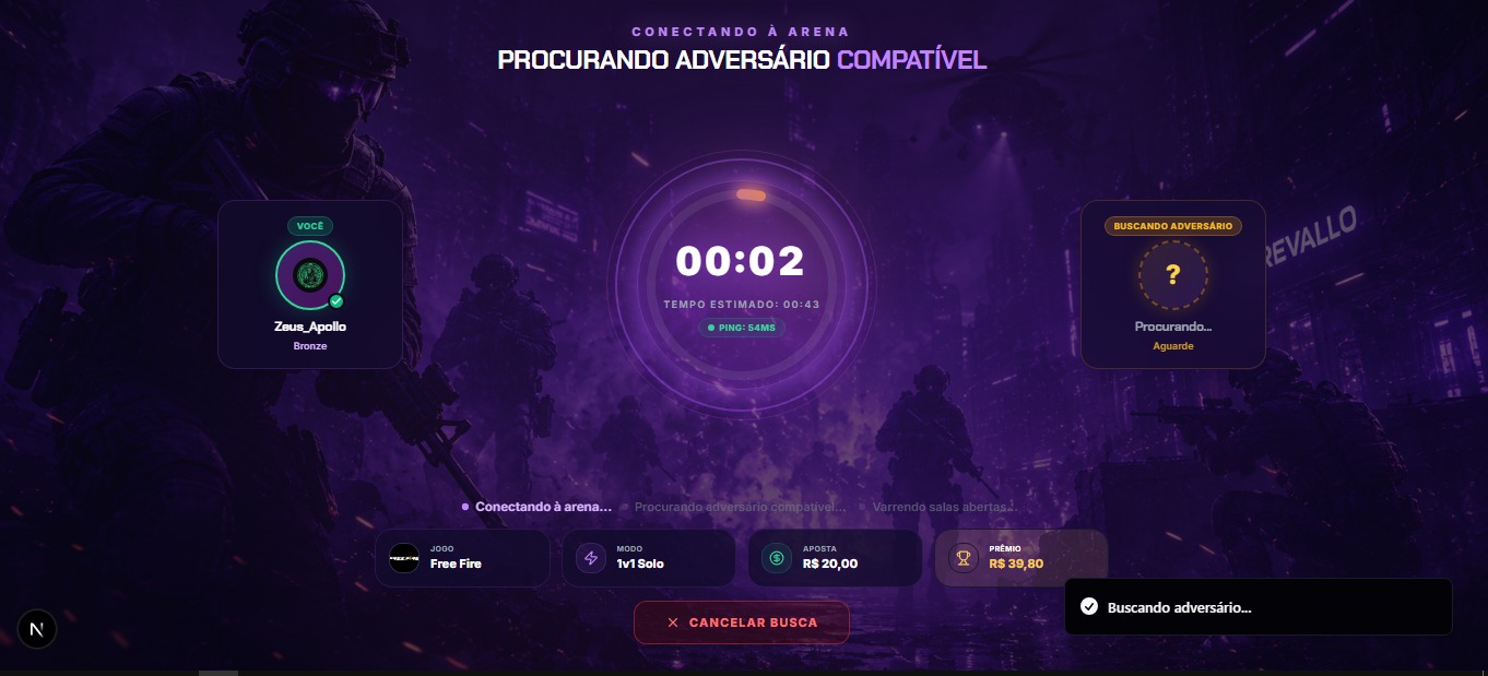 Tela de Quick Match da Revallo com partida instantânea, Arena 1x1 e placar em tempo real