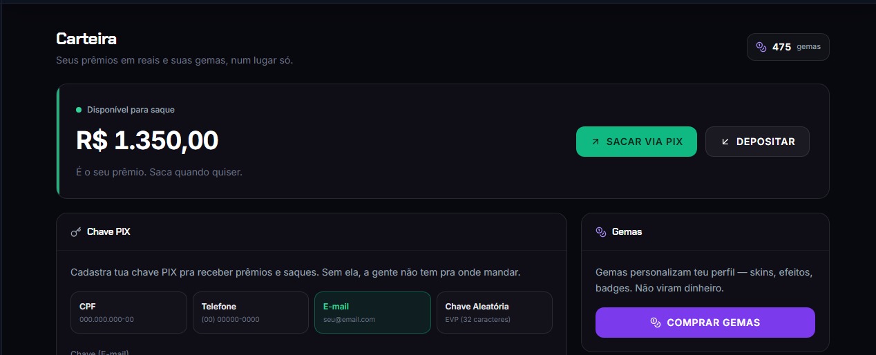Carteira da Revallo exibindo saldo da Arena Wallet, histórico de prêmios e opção de resgate via Pix